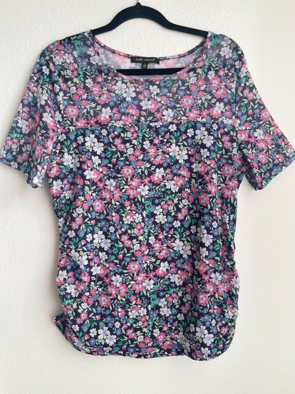 Kathy Ireland Floral Short-Sleeve Cinched gathered‎ sides Women's Top Size xl